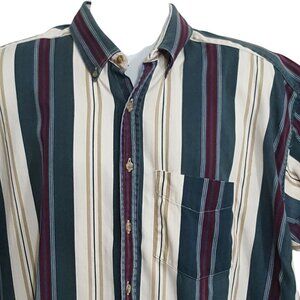 Vintage Y2K Mens Short Sleeve Shirt Green White Stripe Twill Fits L Preppy